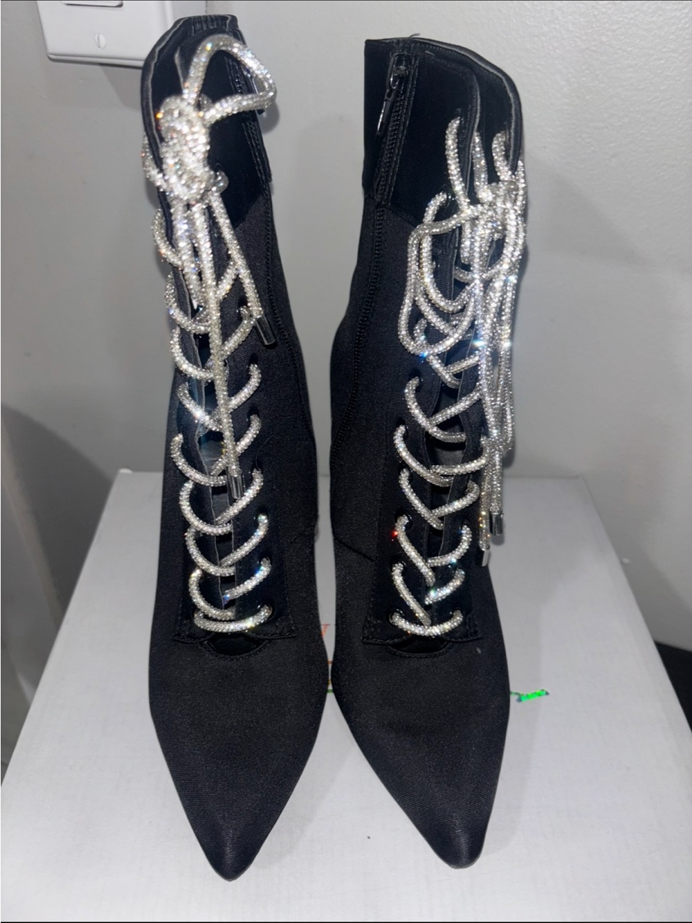 Black Pointed Rhinestone Lace-Up Heeled Ankle Boots